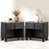 Nightstand Set of 2, 27" Wide Faux Marble & Wood Bedside Tables with Drawer and Open Shelf, Modern Curved End Tables with Rounded Body and Cylindrical Legs for Bedroom,Black Grey