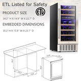 COWSAR 28 Bottle Wine Fridge, Commercial Dual Zone Beverage Refrigerator, Independent Temp, LED, Under Counter Drink Wine Cooler Chiller
