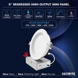 LUXRITE 5 Inch LED Recessed Ceiling Light with Junction Box, 18W, 5CCT Selectable 2700K/3000K/3500K/4000K/5000K, 1600LM High Brightness, Dimmable Canless Downlight, Wet Rated, IC Rated, ETL (6 Pack)