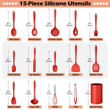 Kitchen Cooking Utensils Set with Holder, Homikit 15-Piece Silicone Spatula Set for Nonstick Cookware, 446°F Heat Resistant Spoon-Red