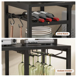 Itaar Bakers Rack with Power Outlet and LED Light, 47.2'' Microwave Stand with Storage, Kitchen Coffee Bar Cabinet with Glass Door, 4 Drawer, Wine Rack, Goblet Holder and 12 Hooks, Black