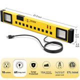 Heavy Duty Metal 10 Outlets 6FT Long Power Strip with LED Worklight, Yellow