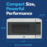 GE Compact Countertop Microwave Oven, 0.7 Cubic Ft., 700-watt Capacity, 6 Auto Cooking Settings, Child-Lock Technology, Dorm Room or Apartment, Stainless Steel