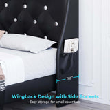 Holiway Full Size Bed Frame with LED Lights and Charging Station, Wingback Upholstered Headboard with Diamond Tufted, Solid Wooden Slats Support, Noise-Free, Easy Assembly, Black