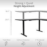 Height Adjustable 71 x 71 inch Curved Corner Stand Up Desk, Black Table Top, Black Frame, Memory Controller