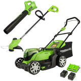 Greenworks 48V 17" Cordless Electric Lawn Mower, Leaf Blower, String Trimmer, (2) 4.0Ah Batteries and Rapid Charger