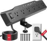 Desk Clamp Power Strip Surge Protector, 6 Outlets, Flat Plug, 1800J, 4 USB-C Ports (Any Port 35W), for Home & Office, Flame-Retardant PC-ABS Housing, Fits 1.96" Desk Edge, Black