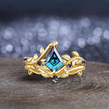 Kite Cut Alexandrite ring set women Vintage wedding ring set for women