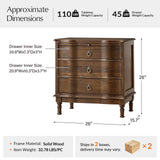 HULALA HOME Solid Wood End Table Set of 2 with Charging Station, 3 Drawer End Table with Pull-Out Tray, USB & Type-C Ports, Traditional Curved Front Accent Side Table for Living Room Sofa, Walnut