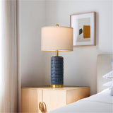PoKat Touch Bedside Table Lamps with USB Ports for Bedroom, 25'' Dimmable Nightstand Touch Lamps for Living Room, Blue Ceramic Lamps with Gold Base for Night Stands Bedroom, Nursery, Dark Blue