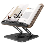 Tounee Book Stand, 360° Rotating Reading Book Holder, Adjustable Cookbook Holder for Reading Hands-Free, Foldable Desktop Recipe Book Stand with Protective Page Clips, Fits All Books - Black