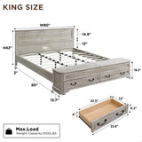 T4TREAM Farmhouse King Bed with Headboard and Storage Bench