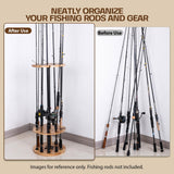 Goture Fishing Rod Holders for Garage, Floor Stand Holds up to 10 Rods, 2 Built-in Grooves, Solid Rubber Wood Fishing Gear Equipment Storage Organizer, Ideal Fishing Gift for Men Women Carbonised