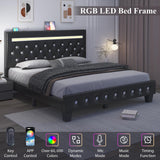 Holiway Full Size Bed Frame with LED Lights & Charging Station, Faux Leather Upholstered Platform Bed, Adjustable Crystal Button Headboard, Solid Wood Slats, No Box Spring Needed, Black
