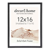 decorUhome Solid Oak Wood 12x16 Picture Frame, Display 11x14 Picture with Mat or 12x16 Poster without Mat, Wall Mounting Photo Frame, Black, 1 Pack