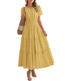 BTFBM Womens Summer 2026 Casual Midi Maxi Dresses Lightweight Short Sleeve V Neck Elastic Waist Boho Beach Dress Pockets(Yellow, Medium)