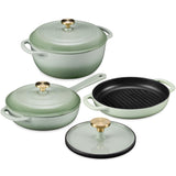 Best Choice Products Non-Stick Pot & Pan Cookware Set, Cast Iron, 2Qt Skillet W/Lid, 10" Grill Or Griddle Pan W/Press, 6Qt Enameled - Sage