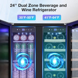 Tylza Wine and Beverage Refrigerator, 24 Inch Dual Zone Wine Beverage Cooler, Holds 20 Bottles and 88 Cans, Built-In and Freestanding