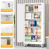 PAOFIN 71''H Tall Metal Garage Storage Cabinet with Wheels,Steel File Cabinets with 2 Doors and 4 Adjustable Shelves for Home Office, Warehouse, Required Assembly,White