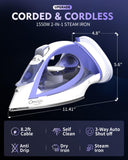 OMAIGA Cordless Steam Iron for Clothes, 1550W 2-in-1 Cordless and Corded Iron with Rapid Heat, Ceramic Soleplate, 3-Way Auto-Off, 12.85 oz Water Tank, Lavender