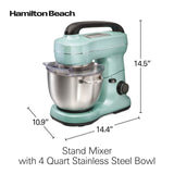 Hamilton Beach Electric Stand Mixer, 4 Quarts, Dough Hook, Flat Beater Attachments, Splash Guard, 7 Speeds with Whisk, Easy-Carry Top Handle, Aqua