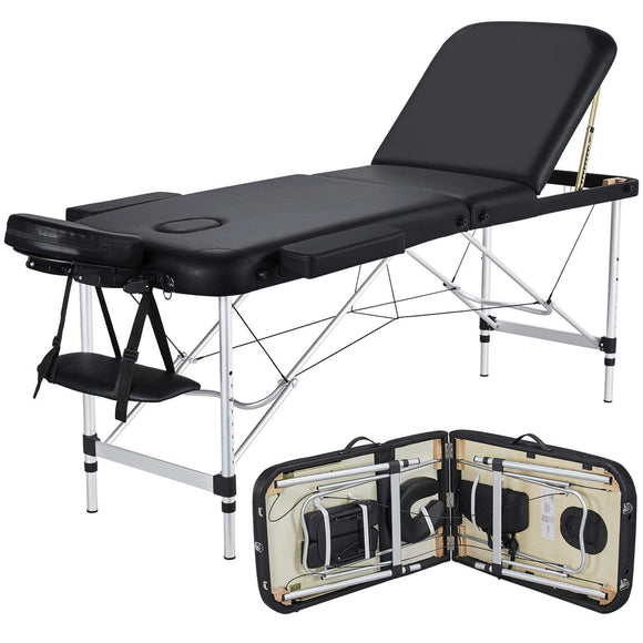 Massage Tables Portable Tattoo Table Adjustable Lash Bed Aluminium 3 Folding Spa Bed with Non-Woven Bag 24 inch Wide Black Yaheetech