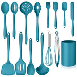 Homikit Silicone Cooking Utensils Set, 15-Piece Nonstick and Heat Resistant Kitchen Utensil Spatula Set with Holder, Blue