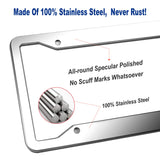 BGGTMO Stainless Steel License Plate Frames- 2 Pack Heavy Duty Polished Mirror Car Tag Cover with Chrome Screws Caps, 4 Holes Front & Rear Holders with Fasteners, Inserts, Rust/Rattle Proof Pads