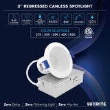 LUXRITE 3 Inch LED Recessed Ceiling Light with J-Box, CRI90, 8W, 5CCT Selectable 2700K - 5000K, 840 Lumens, Dimmable Canless Downlight, Wet Rated, IC Rated, ETL Listed (12 Pack)