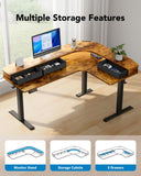 HUANUO 65″ L Shaped Standing Desk with 3 Drawers, Adjustable, Vintage Brown
