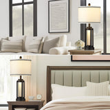 26" Modern Table Lamp with USB A+C Charging Ports & AC Outlet, Industrial Beside Contemporary Lamp Glass LED Night Light for Living Room Bedroom Nightstand End Table Single Black(2 Bulbs Included)