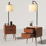 HNEBC Fluted nightstand Set 2 with - with 3-Color Lights and Lampshades,Modern Night Stand with Charging Station,LED Bedside Table with 2 Drawers,Tall Side Table for Bedroom,Walnut