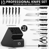 KnifeSaga Knife Set, 15 Pcs Kitchen Knife Block Set, Enduring Razor-Sharp High Carbon Stainless Steel Chef Knife Set with Block and Sharpener
