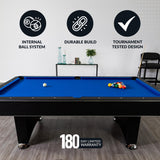 Hathaway Hustler 8ft Pool Table for Game Room – Billiard Table with Poly-Coated Playfield, Ball Return System, Leg Levelers – Includes Cues, Pool Balls, Chalk, Triangle, Brush – Black & Blue