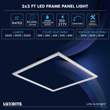LUXRITE 2x2 FT Edge-Lit Frame LED Panel Lights, 5CCT Selectable 3000K-6500K, 2600/3900/5200LM, 20W/30W/40W Switch, Grid Drop Ceiling Lights, 0-10V Dimmable, Damp Rated, 100-277V, ETL Listed (4 Pack)