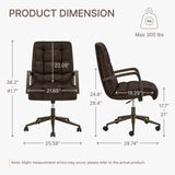 KISLOT Home Office Desk Chair, Ergonomic Office Chair with Square-Patterned Leather Upholstery, Adjustable Swivel Computer Chair with Wood Arms & Wheels, Soft-Rounded Front Edge, Espresso