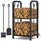 HONEST OUTFITTERS Firewood Rack Indoor, 2-Tier Firewood Rack Outdoor with 4 Pieces Fireplace Tools Set, Heavy Duty Log Wood Holder for Fireplace, Fire Pit, Wood Stove Black