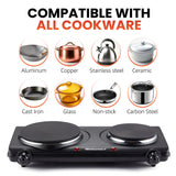 Countertop Double Cast Iron Burner, 1500 Watts Electric Hot Plate, Temperature Controls, Power Indicator Lights, Easy to Clean, Black Elite Gourmet