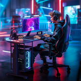Gaming Standing Desk with LED Lights & Host Shelf, 55" x 24" Gaming Table with Music Sensing APP Control