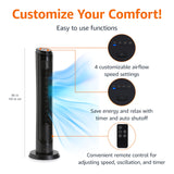 Amazon Basics 40" 70-Degree Oscillating Digital Tower Fan with Powerful Airflow for Bedroom, Living Room, Office, 4 Speeds, 3 Modes, 15-Hour Timer, Remote Control, 50W, Black