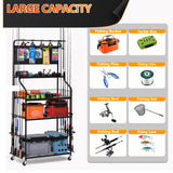 Lezbanz Heavy Duty Fishing Rod Holder, Fishing Organizer for Garage Up to 15 Rods with Hooks and Wheels, 4-Tier Fishing Rod Rack for Large Tackle Box and Reel Organization