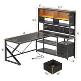 L Shaped Gaming Desk, Home Office Computer Desk with 2 Drawer and Bookshelf, L Shaped Gaming Desk with LED Light