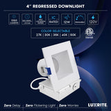 LUXRITE 4 Inch Square LED Recessed Ceiling Light with J-Box, CRI90, 12W, 5CCT Selectable 2700K/3000K/3500K/4000K/5000K, 1060 Lumens, Dimmable Canless Downlight, Wet Rated, IC Rated, ETL (12 Pack)