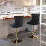 MOOLSUN Rotating Velvet Bar Stools Set of 4, Modern Padded with Nailhead Trim and Tufted Back, Adjustable Swivel Counter Height Stools for Kitchen Island, Bar, Club,Black(Gold Base)
