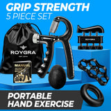 roygra Hand Grip Strengthener Workout Kit (5 Pack), Forearm Grip Adjustable Resistance Hand Gripper, Finger Stretcher, Finger Exerciser, Grip Ring & Stress Relief Grip Ball for Athletes roygra