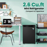 roomwell E-Star 2.6 Cu Ft Mini Fridge without Freezer - Black Mini Fridge AUTO DEFROST, Reversible Single Door, Glass Shelf Refrigerator - A Space-Saving Marvel for Your Bedroom, Dorm, and Office