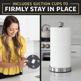 Heavy-Duty Stainless Steel Paper Towel Holder - Easy One-Handed Tear with Suction Cups - Modern Weighted Standing Countertop Dispenser for Kitchen - Holds All Paper Towel Rolls, Silver