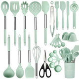 Kitchen Utensils Set, 28 Pcs Silicone Cooking Utensils Set with Holder, Spatula Set, Silicone Whisk, Measuring Cups and Spoons Set (Light Green) NCUE