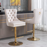 MOOLSUN Rotating Velvet Bar Stools Set of 4, Modern Padded with Nailhead Trim and Tufted Back, Adjustable Swivel Counter Height Stools for Kitchen Island, Bar, Club,Beige(Gold Base)