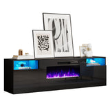 AMERLIFE 80" Fireplace TV Stand with 40" Electric Fireplace, TV Console with High Gloss Storage Cabinets and 12 Colors LED Lights, Modern Entertainment Center for TVs Up to 90", Black